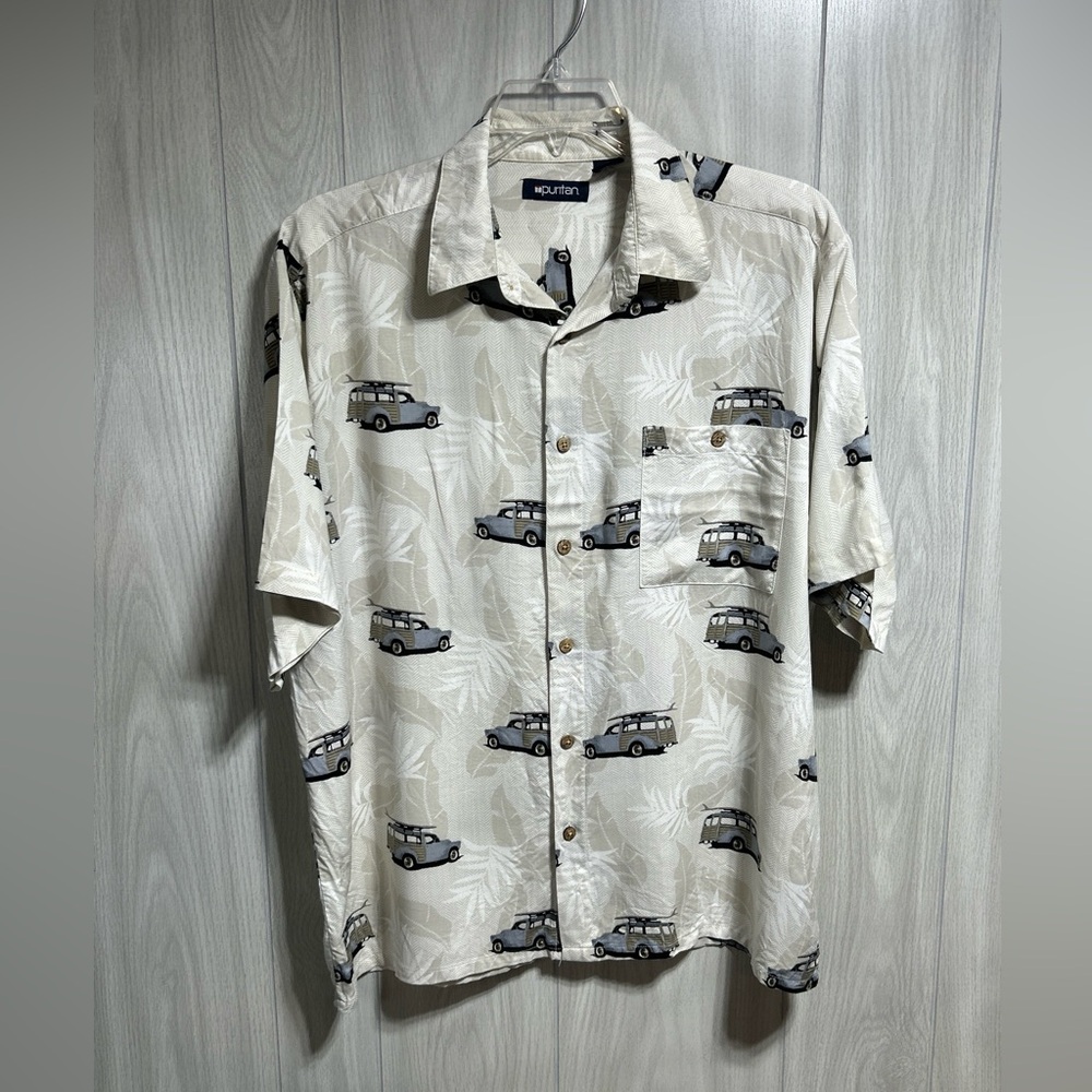 Puritan Hawaiian Wood Surf Wagon  Short Sleeve Button Front Shirt Size Large